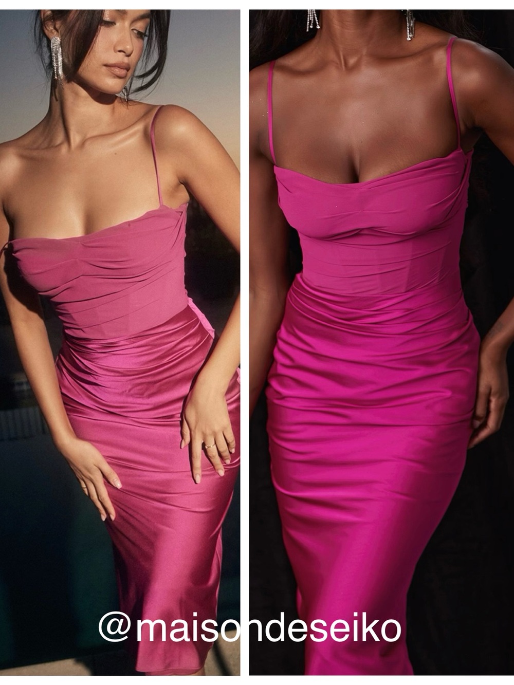 NEW House of CB Fuchsia Pink Satin Chiffon Corset Teia Midi Dress sz S Plus Cup